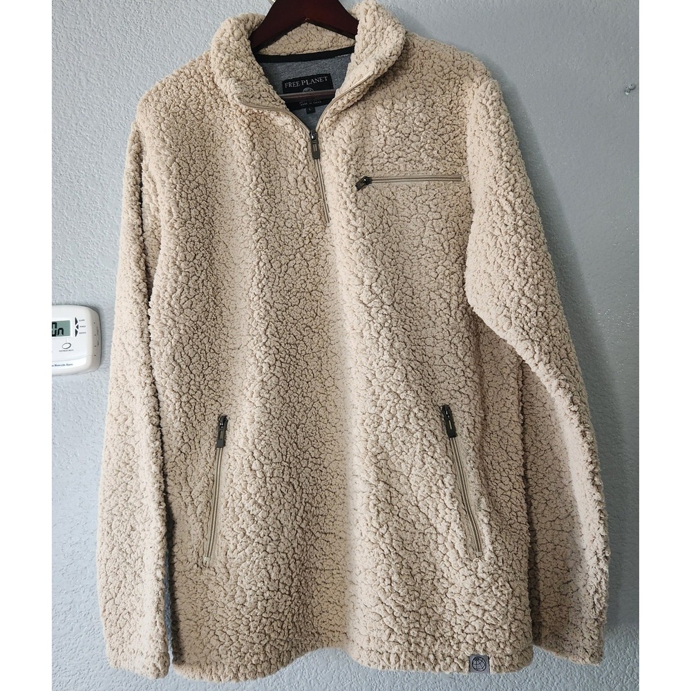 Free Planet Teddy Fleece Pullover 1/4 Zip Jacket Mens L Tan Zip Pockets Lined